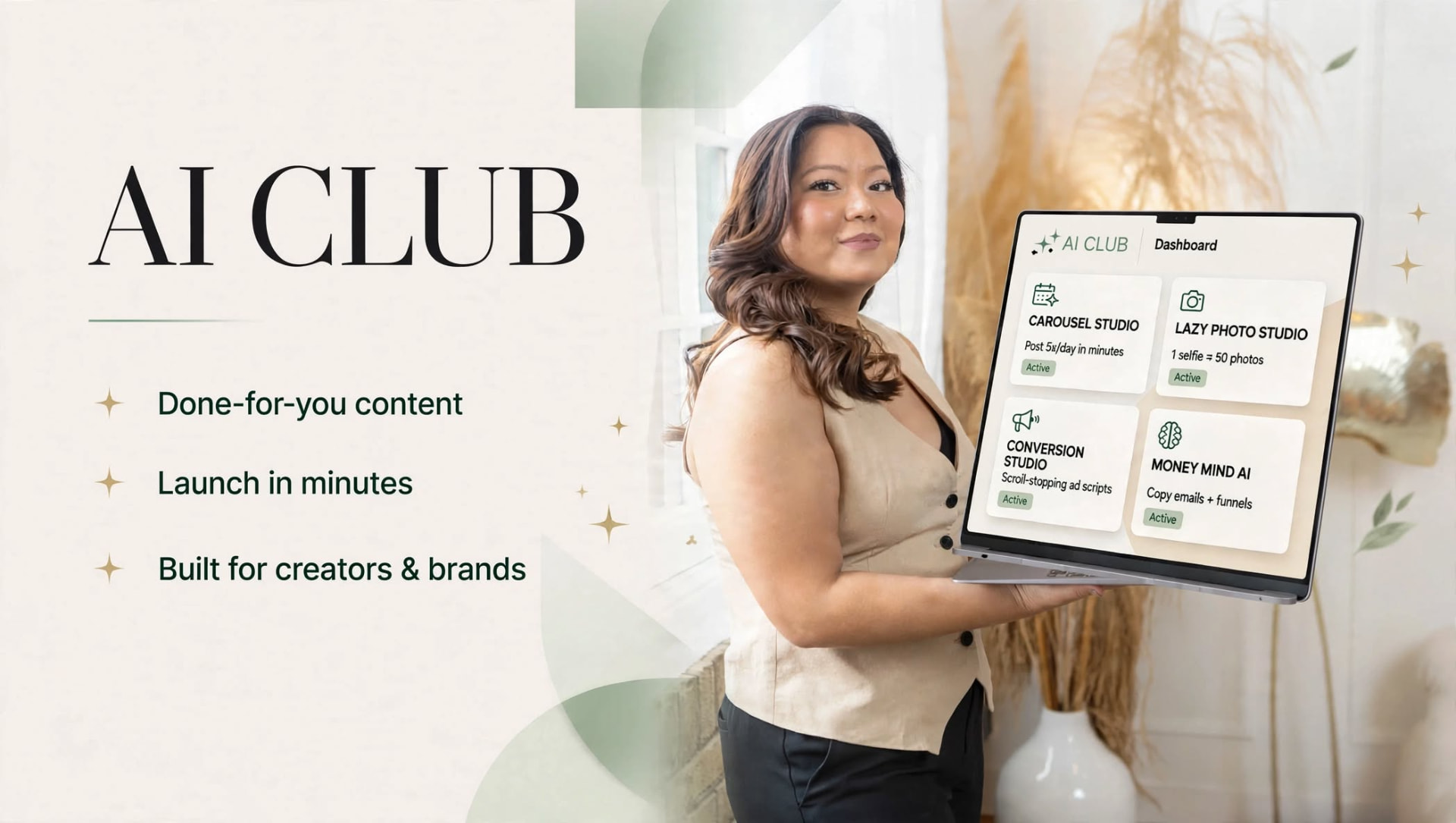 AI Club dashboard with Carousel Studio, Lazy Photo Studio, Conversion Studio and Money Mind AI